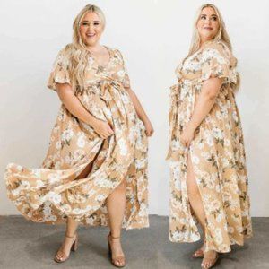 Baltic Born | Taupe Sicily Satin Maxi Floral Dress -  Women's Size XL